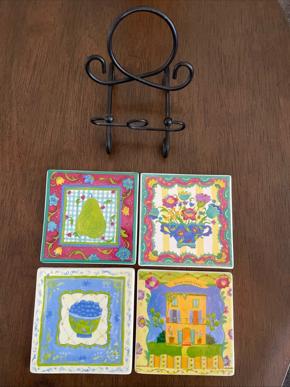 Lot of 4 Ceramic Coasters and Stand Kimberly Hodges Hallmark Decorative Tiles